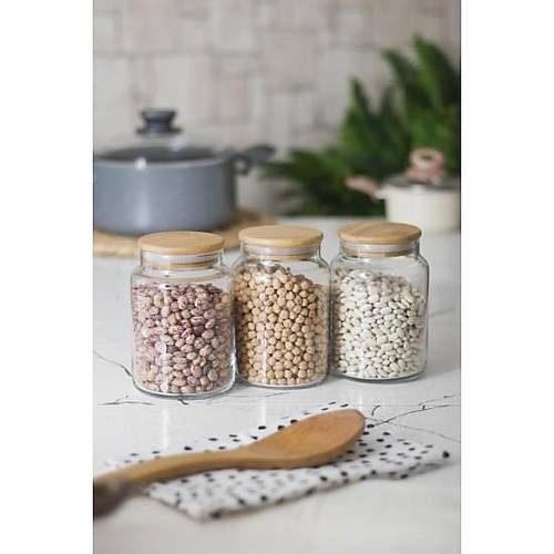 3 L� Set Bambu Kapakl� Cam Kavanoz & Erzak Saklama Kab� 800 ml Orta Boy ( Vakum Kapak )