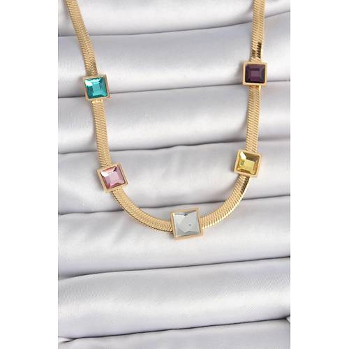 316L �elik Gold Renk �talyan Zincir Model Kare Renkli Zirkon Ta�l� Kad�n Kolye