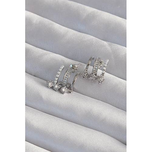 Pirin� G�m�� Renk �ncili �oklu Zirkon Ta�l� Yar�m Halka K�pe