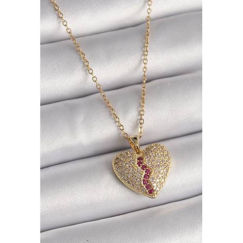 316L �elik Gold Renk Zincir Zirkon Ta�l� Kalp Model Kad�n Kolye