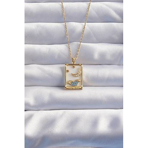 316L �elik Zincir Gold Renk Ay Detay Mavi Zirkon Ta�l� Tarot Kolye
