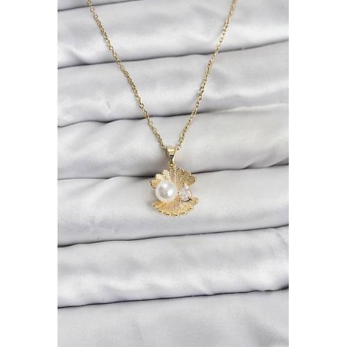 316L �elik Zincir Gold Renk �stiridye �nci Model Zirkon Ta�l� Kad�n Kolye