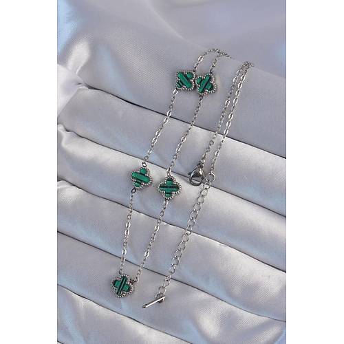 316L �elik G�m�� Renk Minimal Ye�il Mineli Yonca Kolye