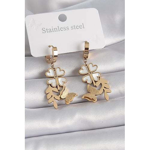 316L �elik Gold Renk Beyaz Sedefli Yonca Simli Kelebek Fig�r Kad�n K�pe