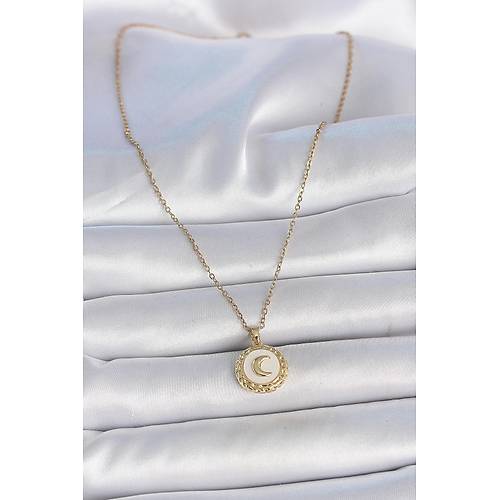 316L �elik Gold Renk Zincir Beyaz Mineli Hilal ��lemeli Madalyon Model Kad�n Kolye