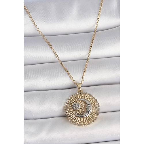 316L �elik Gold Renk Mix Renk Ay G�ne� Model Kad�n Kolye