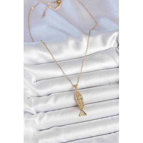 316L �elik Zincir Gold Renk Zirkon Ta�l� Bal�k Fig�rl� Kolye