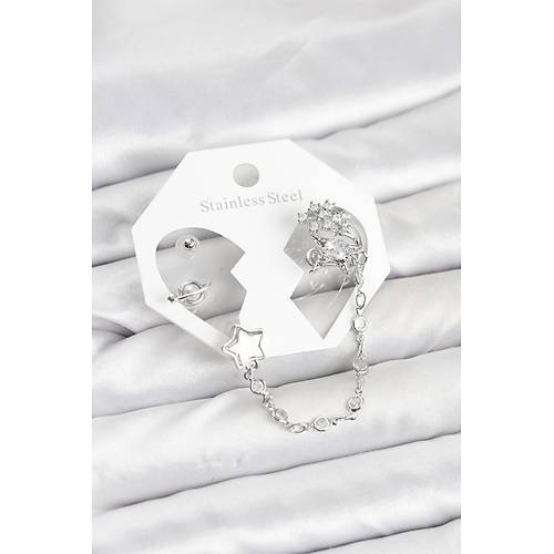 Pirin� G�m�� Renk Y�ld�z Model Zincir Ba�lant�l� Ear Cuff K�pe Seti