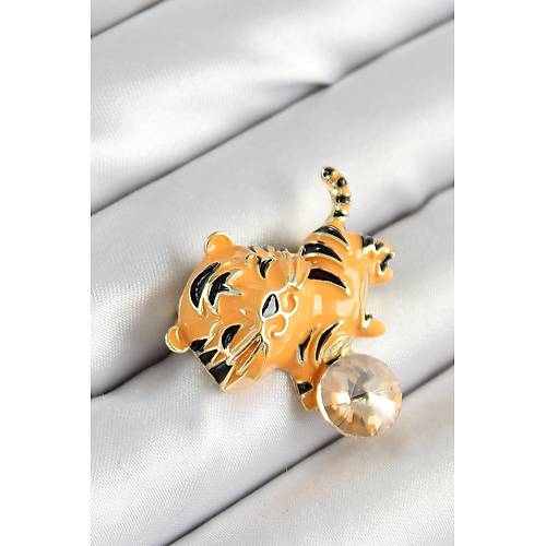 Zirkon Ta�l� Siyah �izgili Turuncu Kaplan Fig�rl� Gold Renk Kad�n Bro�