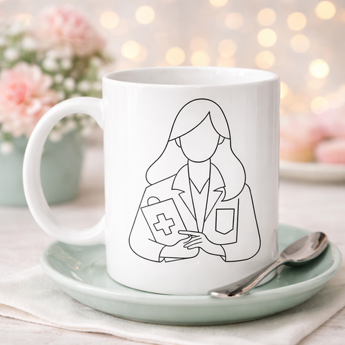 Doktor Temal� Porselen Kupa MODEL 173 � Kad�n Doktor �izimli Kahve Kupas� � Sa�l�k �al��an� Hediyesi � Doktorlara �zel Tasar�m Kupa