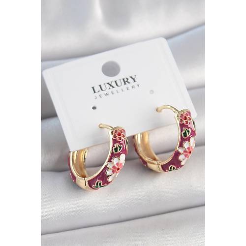 Pirin� Gold Renk Halka Mor �i�ek Mineli Kad�n K�pe