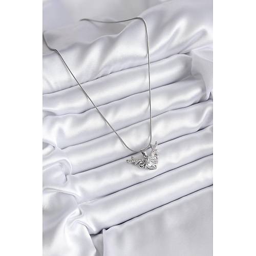 316L �elik G�m�� Renk Zirkon Ta�l� Boynuz Model Kad�n Kolye