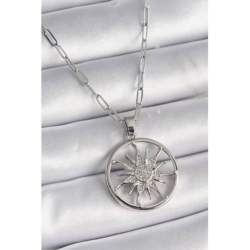 316L �elik G�m�� Renk Zirkon Ta�l� G�ne� Madalyon Model Kad�n Kolye