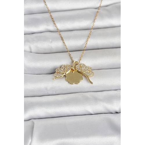 316L �elik Gold Renk A��labilir Yonca Model Zirkon Ta�l� Kad�n Kolye