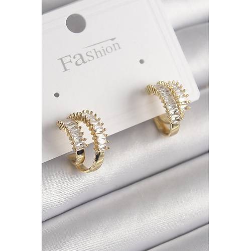 Pirin� Gold Renk 2'Li Zirkon Ta�l� Halka Model Kad�n K�pe