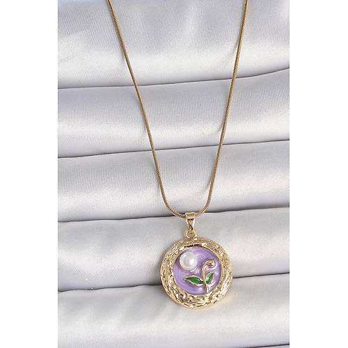 316L �elik Gold Renk Zincir Mor �i�ek ��lemeli �nci Detay Potre Model Kad�n Kolye