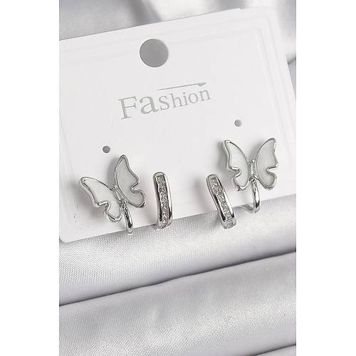 Pirin� G�m�� Renk Zirkon Ta� Detayl� Beyaz Sedefli Kelebek Model Kad�n K�pe