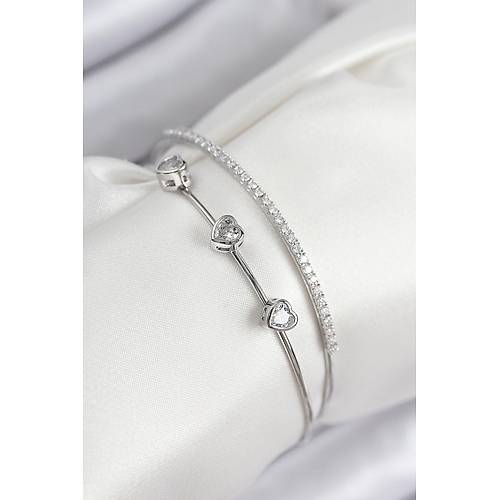 Pirin� Zirkon Ta�l� Kalp Model G�m�� Renk Kad�n Bileklik