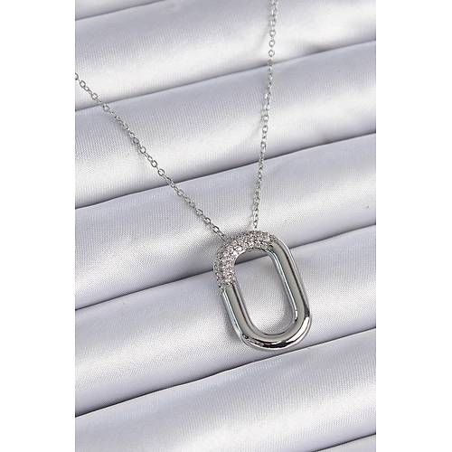 316L �elik Zincir G�m�� Renk Zirkon Ta�l� Oval Halka Model Kad�n Kolye