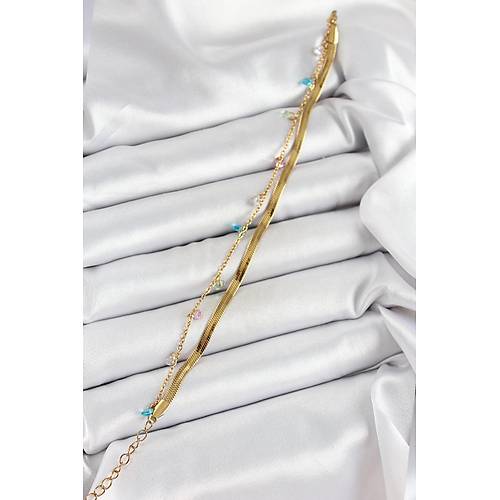 316L �elik Gold Renk Kar���k Renkli Kristal Ta�l� 2'li Kad�n Bileklik