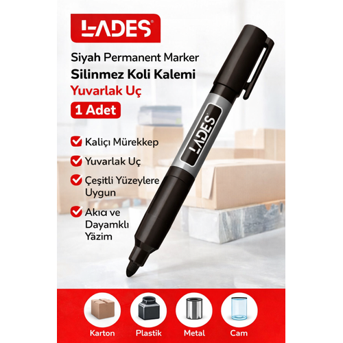 Lades Siyah Permanent Marker Silinmez Koli Kalemi Yuvarlak U� 1 Adet