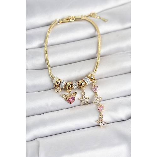 Pirin� Gold Renk Kalp ve �i�ek Detayl� Charml� Kad�n Bileklik