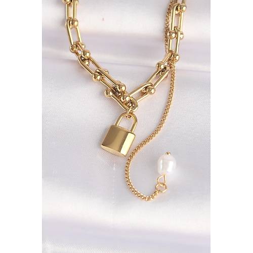 316L �elik Zincir Alt�n Renk Zincirli Love Yaz�l� Kilit Kolye