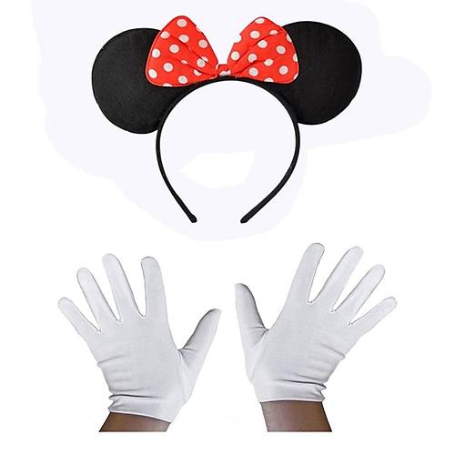 K�rm�z� Fiyonklu Minnie Mouse Tac� ve Beyaz Eldiven Seti