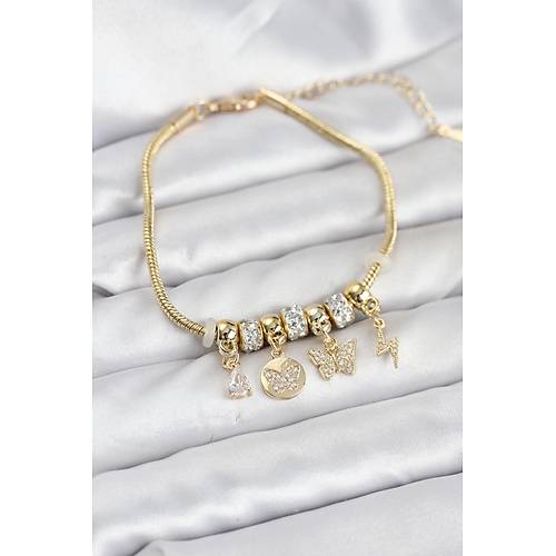 Pirin� Gold Renk Kelebek Charml� Kad�n Bileklik