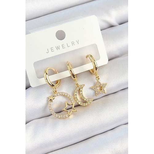Pirin� Zirkon Ta�l� Y�ld�z Ve Ay Model Gold Renk 3'l� Kad�n K�pe Set