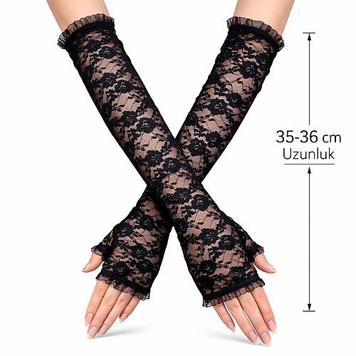Uzun Zarif Dantel Eldiven Parmaks�z Siyah 35 cm