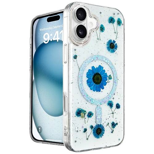 iPhone 16 K�l�f Daisy Simli Magsafe Kapak - Mavi