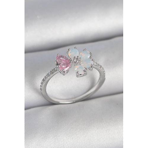 Pirin� G�m�� Renk Beyaz Mineli Pembe Zirkon Ta�l� �i�ek Model Kad�n Y�z�k