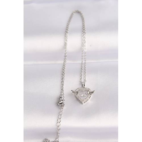 316L �elik Zincir G�m�� Renk Zirkon Ta�l� Kanatl� Kalp Kolye