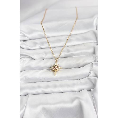316L �elik Gold Renk Zirkon Ta�l� Kutup Y�ld�z� Model Kad�n Kolye
