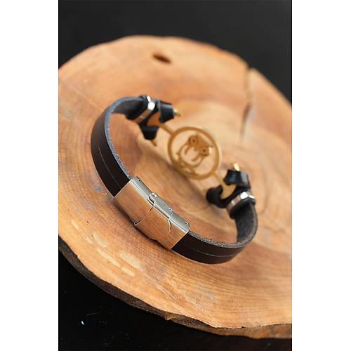 Gold Renk Bayku�lu Metal Aksesuarl� Siyah Renk Deri Erkek Bileklik