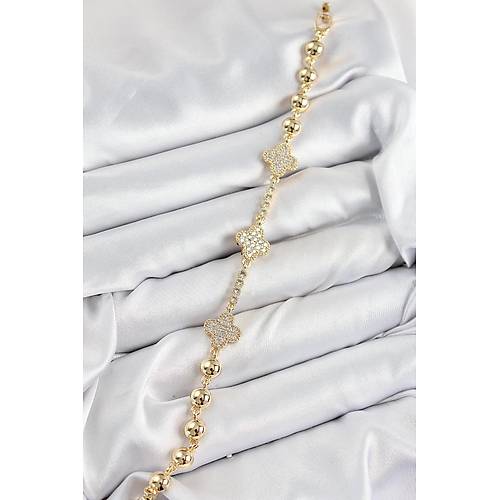 Pirin� Zirkon Ta�l� Yonca Model Gold Renk Kad�n Bileklik