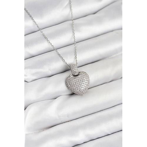 316L �elik Zincir G�m�� Renk Zirkon Ta�l� Kalpli Kad�n Kolye