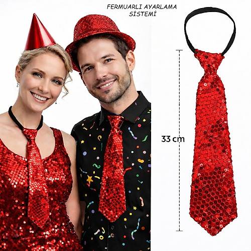 K�rm�z� Renk Pul Payetli I��lt�l� Parti Kravat� 33 cm