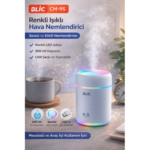 Blic CM-9S Renkli I��kl� Hava Nemlendirici 300 ml USB �arjl� Mini Masa�st� Nemlendirici