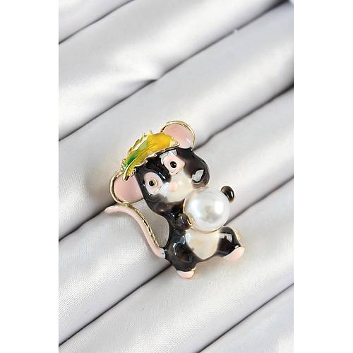 �nci Detayl� Siyah Ve Pembe 3D Sevimli Fare Fig�rl� Gold Renk Kad�n Bro�