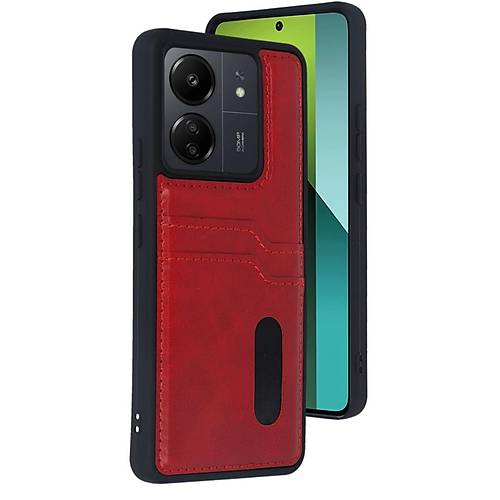 Redmi 13C K�l�f Sara Kartvizitli Deri K�l�f - K�rm�z�