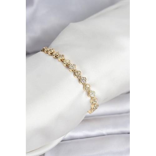 Pirin� Gold Renk VIP Seri S�ral� Yonca Model Zirkon Ta�l� Kad�n Bileklik