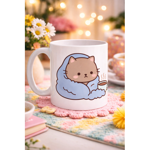 Battaniyeye Sar�lm�� Sevimli Kedi Tasar�ml� Porselen Kupa MODEL 189 � Kahve Temal� Tatl� Kedi Kahve Kupas� � Kedi Severlere Hediye Kupa