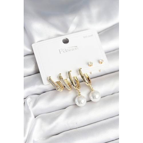 Pirin� Gold Renk �nci Detayl� 925 Ayar G�m�� �ivili Kad�n K�pe Seti