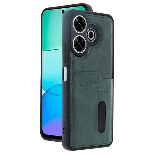 Redmi 13 4G K�l�f Sara Kartvizitli Deri K�l�f - Koyu Ye�il