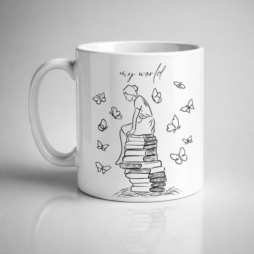 My World Kitap Temal� Tasar�m Kupa Model 225 Minimal Bask�l� Seramik Kahve Kupas�