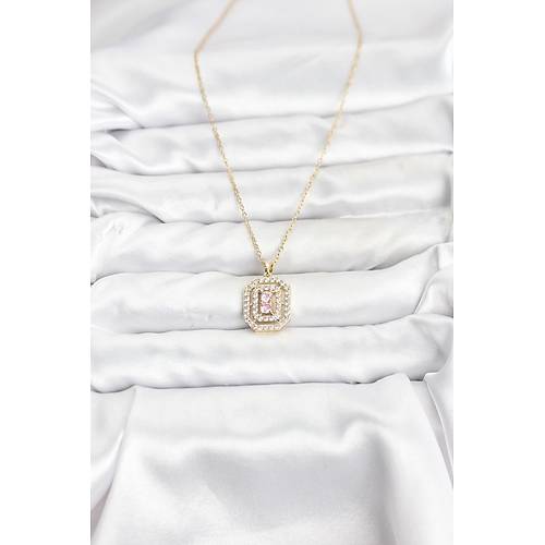 316L �elik Zincir Gold Renk Plaka Model Zirkon Ta�l� Kad�n Kolye
