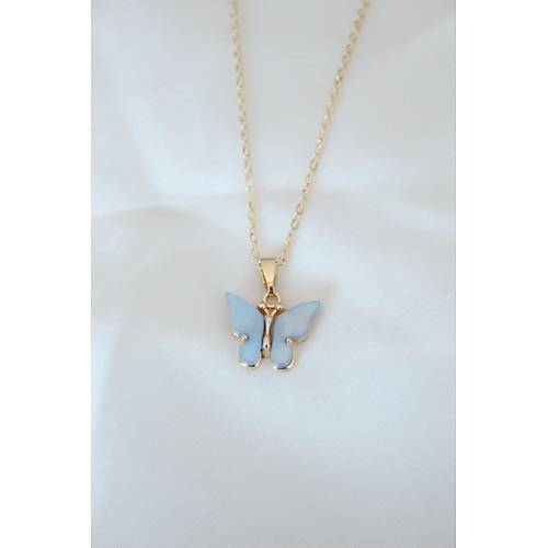 Gold Renk Kaplama Buz Mavisi Renk Sedefli Kelebek Kolye