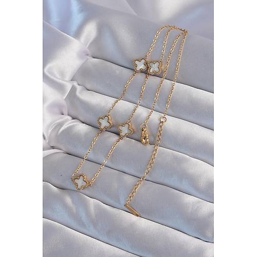 316L �elik Gold Renk Minimal Beyaz Sedefli Yonca Kolye
